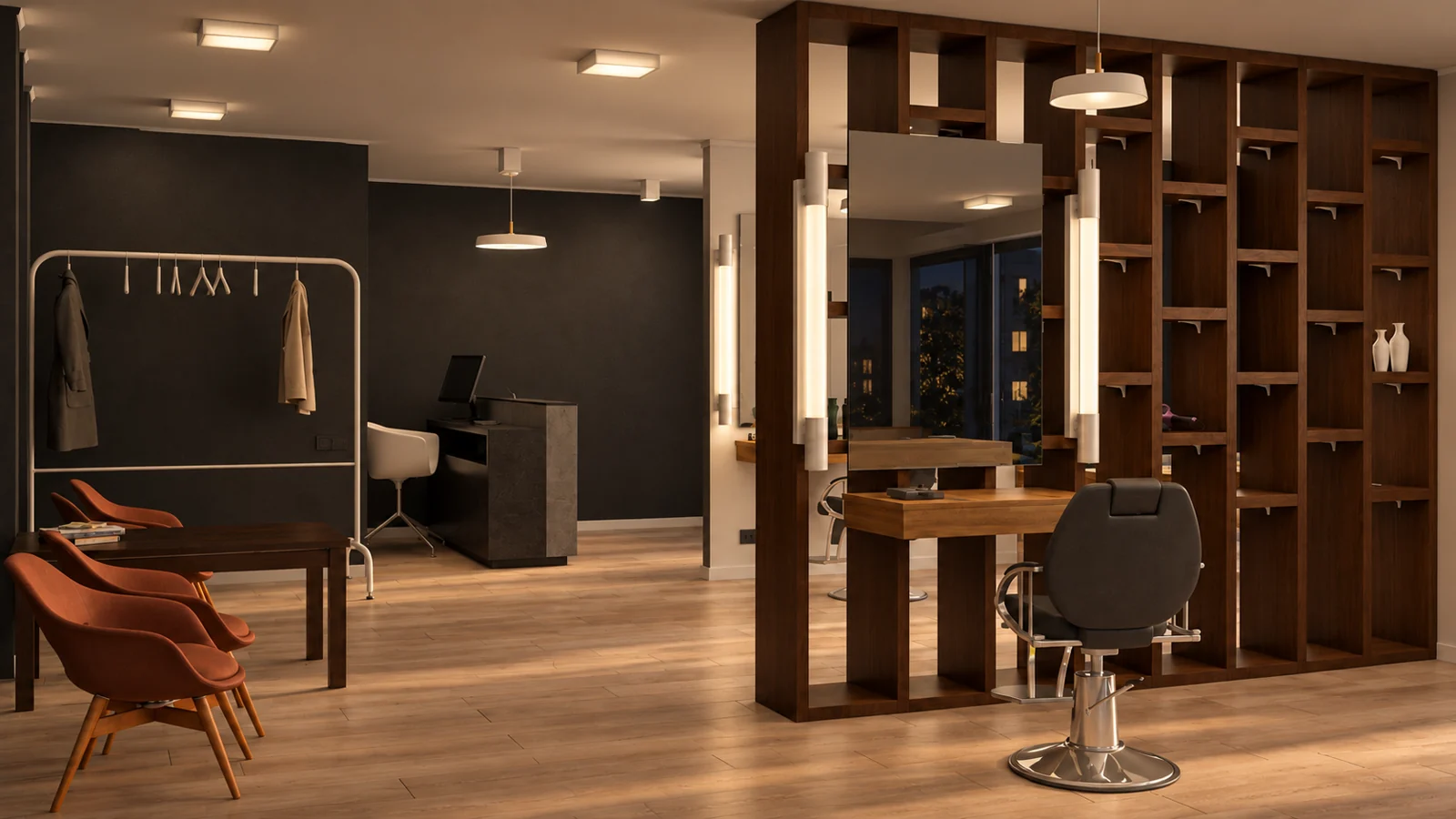 Barbershop in Omsk: night-time lighting of the workstations and wooden partition