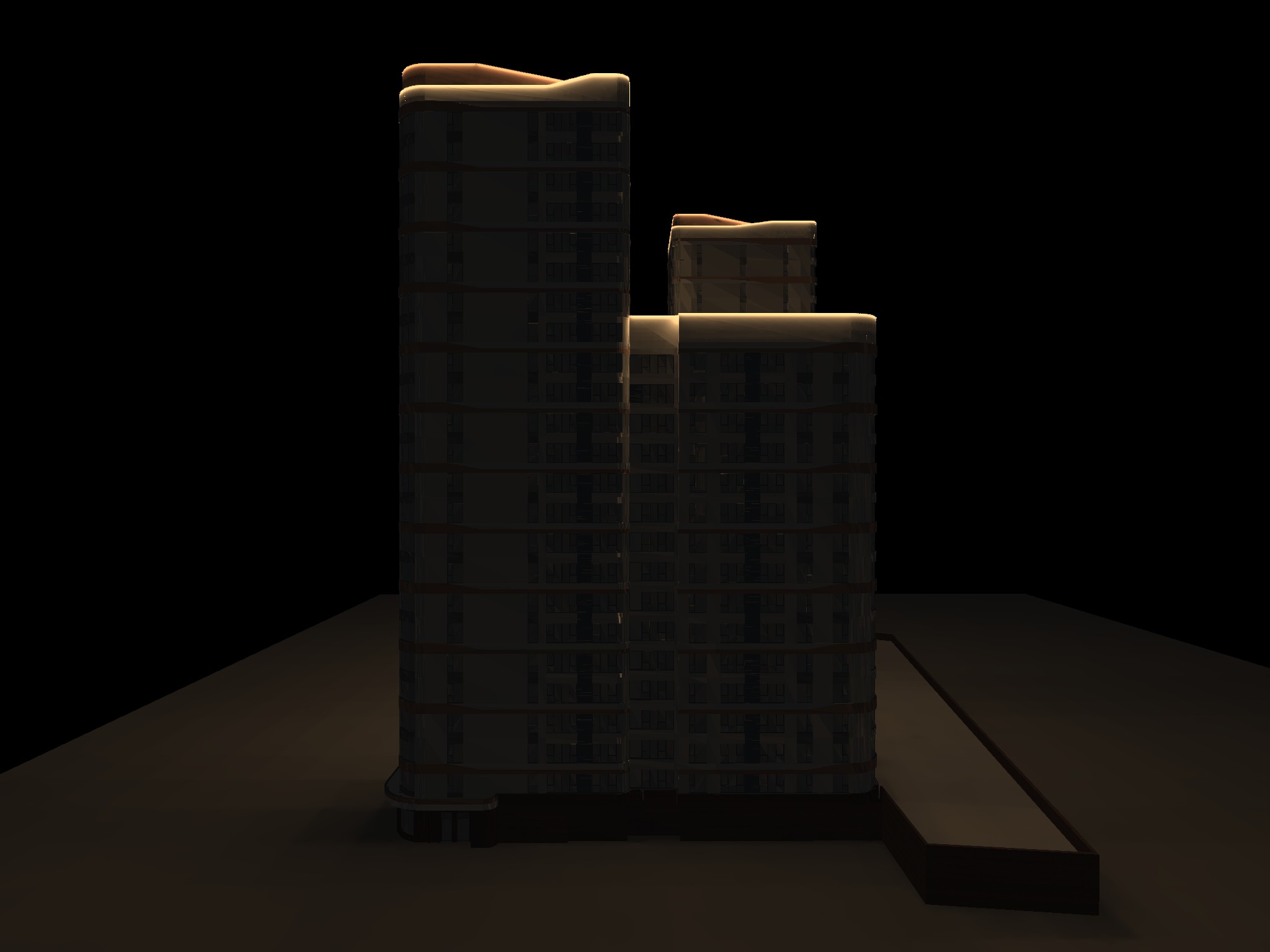 DIALux design rendering of the illuminated residential building from the front